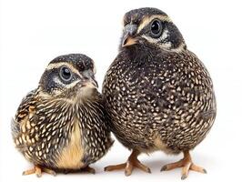 charming quail stands proudly, displaying its distinctive rounded body and short beak. Set against a pristine white background, it beautifully emphasizes the bird's intricate patterns. photo