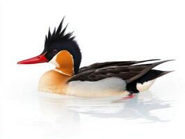 red-breasted merganser swims serenely, its spiky crest and bright red beak vividly contrasting against a pure white backdrop, highlighting its natural beauty and elegance. photo