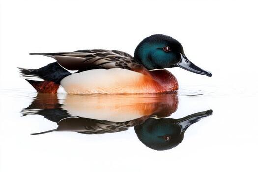 paleador Pato flotadores tranquilamente en el superficie, mostrando sus vibrante plumaje y único pico mientras creando un amable reflexión en el tranquilo agua. foto