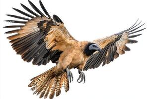 bearded vulture glides effortlessly through the air, showcasing its impressive wings and dark plumage, with a striking hooked beak that highlights its majestic presence. photo
