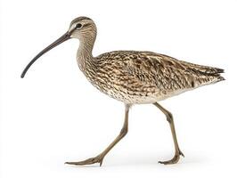 elegant Eurasian curlew walks confidently, showcasing its striking long beak and intricate brown feathers, perfectly isolated on a white background. photo