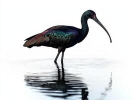 In a calm aquatic setting, a glossy ibis stands tall, revealing its striking iridescent feathers and long beak, creating a stunning visual against a minimal background. photo