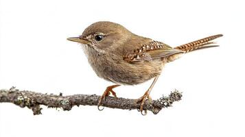 delightful wren rests on a branch, its petite body and soft plumage contrasting beautifully with the pristine white background, capturing a moment of tranquility. photo