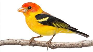 stunning western tanager sits gracefully on a branch, flaunting its brilliant red and yellow feathers. This beautiful bird stands out vividly against a clean white background. photo