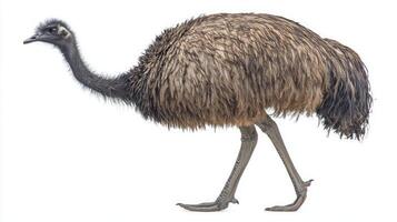 emu moves elegantly on a flat surface, its large body and long legs highlighted against a plain white backdrop, creating a striking visual focus. photo