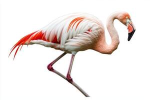 stunning bird poses on one leg, its long neck curved in an artistic display. The vivid colors of its plumage contrast beautifully with the pure white background. photo