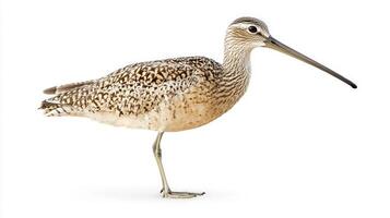 striking long-billed curlew stands poised in shallow water, its distinctive long, curved beak elegantly defining its profile. The simplicity of the background highlights its beauty. photo