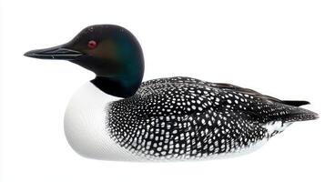 common loon glides effortlessly over tranquil waters, its distinctive black-and-white feathers shimmering in the light, embodying the beauty of nature. photo