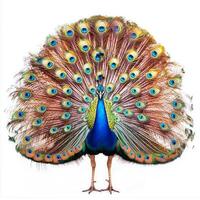 stunning peacock showcases its vibrant tail feathers, fanning out with intricate patterns and colors, captivating the viewer with its natural beauty. photo