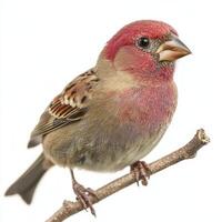 house finch stands elegantly on a small twig, showcasing its vivid red head and softly patterned brown body in bright contrast against a white backdrop. photo