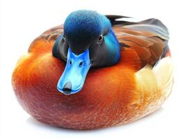 striking bird glides smoothly through water, its vivid blue beak contrasting beautifully with rich brown plumage, creating a captivating image of nature's artistry. photo