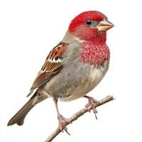 house finch perches delicately on a twig, its vivid red head contrasting beautifully with its earthy brown body. The simplicity of a white background emphasizes its colorful features. photo
