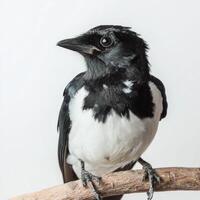 magpie stands elegantly on a branch, its black and white feathers shimmering. The bird exudes charm and curiosity, making for a captivating sight. photo