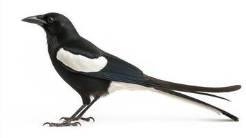 black-billed magpie stands tall, displaying its unique black-and-white feathers and long tail, exuding elegance and charm in a minimalistic setting. photo