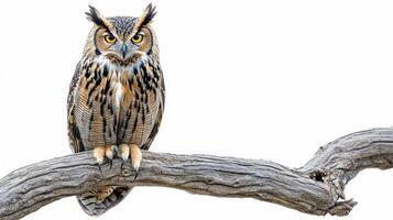 Eurasian eagle-owl commands attention while sitting on a branch, its large eyes and feathered tufts accentuating its majestic presence against a plain background. photo