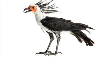 secretary bird towers confidently, its long legs elevated and unique head feathers fanned out, capturing the essence of avian grace in a minimalist setting. photo