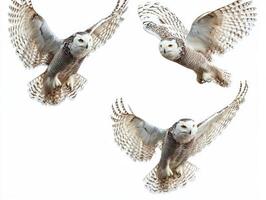 snowy owl is captured in mid-air, displaying its impressive wingspan and striking features as it flys gracefully across a blank white backdrop. Its powerful presence highlights the beauty of nature. photo