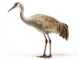 solitary sandhill crane displays its striking gray and red plumage, showcasing a tall stature and graceful elegance on a bright white background. photo