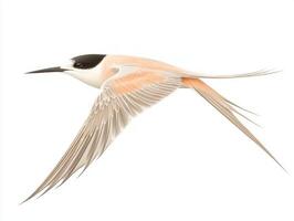 roseate tern glides effortlessly, showcasing its stunning plumage and distinctive long tail feathers. The bird's elegant flight radiates a serene beauty against a stark white background. photo