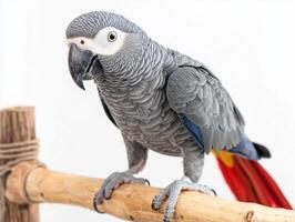 stunning African grey parrot stands elegantly on its perch, displaying its beautifully textured grey feathers and striking red tail against a pristine white background. photo