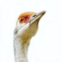 sandhill crane stands tall, its long neck and vibrant red forehead highlighted against the stark white background. This captivating bird exudes grace and majesty. photo