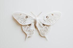 delicate lace moth rests with its wings folded, revealing stunning patterns that highlight its intricate beauty while isolated on a pristine white background. photo