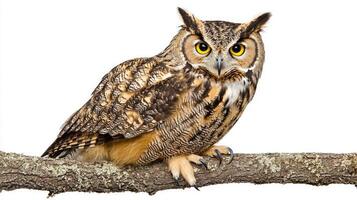 stunning Eurasian eagle-owl sits gracefully on a branch, revealing its large, expressive yellow eyes and distinctive feathered tufts, all against a pristine white backdrop. photo