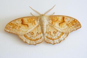 lace moth rests with its wings elegantly folded, showcasing exquisite patterns and textures. Its delicate form creates a striking contrast against the white background. photo