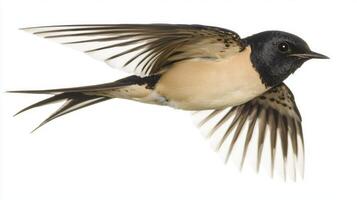 Gliding effortlessly, a barn swallow exhibits its elegant forked tail and pointed wings, embodying the beauty of avian flight in a serene moment of movement. photo