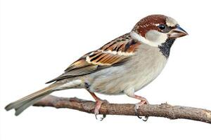 delightful bird rests on a branch, its vibrant brown and gray plumage standing out beautifully. The house sparrow enjoys a moment of calm in an immaculate setting. photo