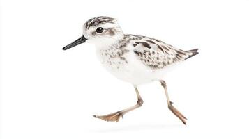 each swift step, the sanderling scurries along the shoreline, its delicate white and gray feathers glistening in the bright light as it forages for tiny morsels. photo