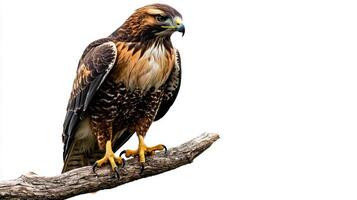 striking red-tailed hawk sits gracefully on a branch, its keen gaze focused and talons ready. This stunning bird highlights its natural beauty in a minimalist setting. photo