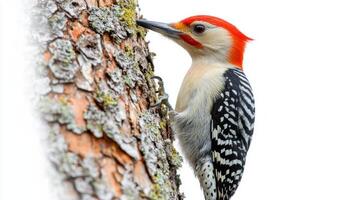 striking red-bellied woodpecker clings to a rugged tree trunk, its vivid red cap and patterned feathers creating a beautiful contrast against the stark white background. photo