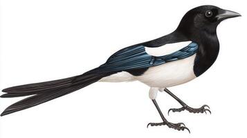 black-billed magpie displays its long tail and contrasting plumage, perfectly posed on a white background, capturing the essence of avian beauty. photo