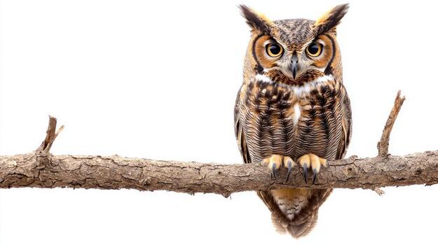 great horned owl sits proudly on a sturdy branch, displaying its remarkable large eyes and distinctive tufted feathers in a serene, isolated setting. photo
