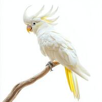 sulphur-crested cockatoo sits on a slender perch, displaying its vibrant white feathers and striking crest under soft light. The bird exudes an air of elegance. photo