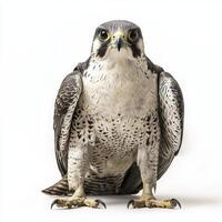 peregrine falcon stands majestically with its wings slightly spread, showcasing its stunning feathers. This close-up reveals the bird's piercing eyes and powerful stance. photo