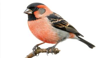 Eurasian bullfinch, with its striking red chest and sleek dark wings, perches elegantly on a branch, displaying the beauty of avian wildlife in a minimalist setting. photo