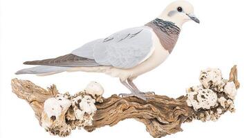 collared dove stands elegantly on a branch, its soft grey feathers contrasting beautifully with the minimalist white background, highlighting its serene presence. photo