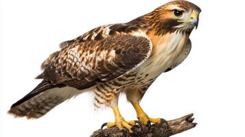 majestic red-tailed hawk stands alert on a sturdy branch, its sharp talons gripping tightly. The bird's striking plumage contrasts elegantly with the clean white background. photo