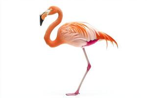 striking flamingo balances on one leg, its long neck arched beautifully. The vivid pink feathers create a stunning contrast against the pure white background. photo
