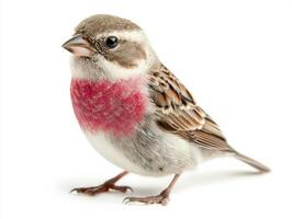 small linnet showcases its vibrant red chest and intricate feather patterns while resting on a clean, white surface, highlighting its natural beauty. photo