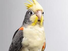 delightful cockatiel, with its crest raised, showcases stunning yellow and grey feathers, creating a striking contrast against the white background. photo