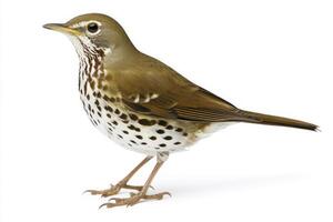thrush stands confidently with its striking speckled brown and white chest, highlighting its beauty and elegance in an isolated backdrop. Nature's artistry on display. photo