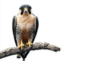 striking peregrine falcon rests gracefully on a branch, its sharp talons and hooked beak highlighting its fierce beauty. The pure white background accentuates its regal presence. photo