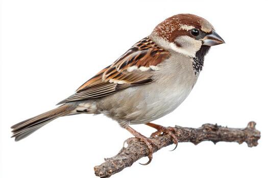 charming house sparrow sits on a slender branch, its beautiful brown and gray feathers highlighted by the stark white backdrop, embodying the tranquility of nature. photo