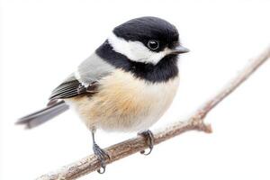 lovely black-capped chickadee is nestled on a branch, displaying its endearing features and soft feathers, bringing a touch of nature's beauty into view. photo