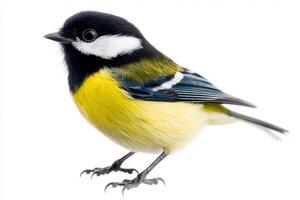 great tit stands proudly with its vibrant yellow chest and distinctive black head, isolated for a stunning presentation. The bird's graceful stance highlights its beauty. photo