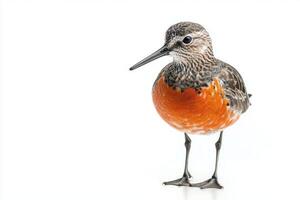 red knot showcases its vibrant red chest, standing tall with its short beak against a clean, white background, embodying the beauty of avian wildlife. photo