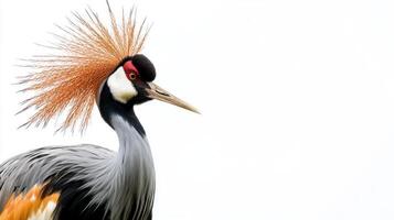 crested crane stands tall with its striking feathers and slender neck, presenting a captivating display of elegance and grace against a pristine white backdrop. photo